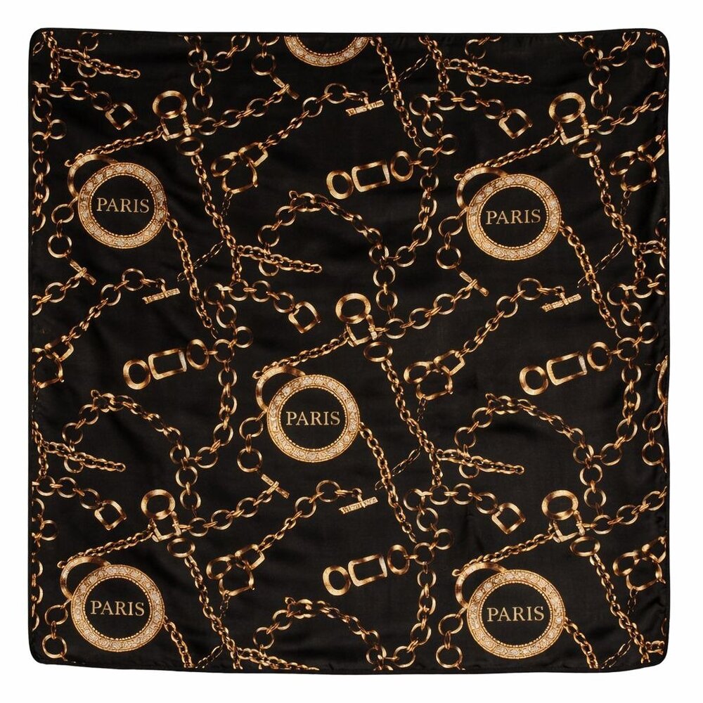 Black Gold Paris Chain Satin Square Scarf 20x20 Hair Neck Head Wrap - Picture 9 of 9